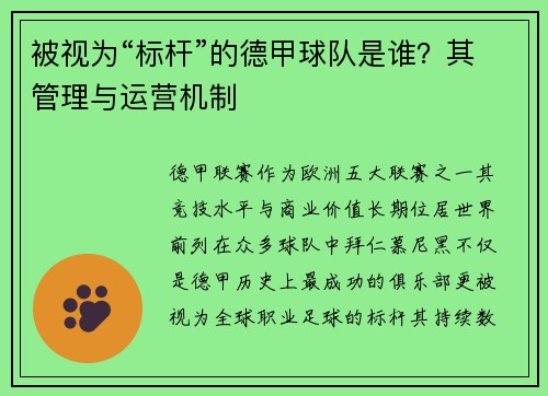 被视为“标杆”的德甲球队是谁？其管理与运营机制